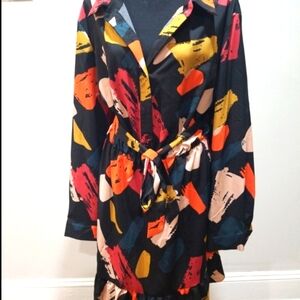 SHEIN Orange Yellow Wrap Tie Front Long Sleeve Dress